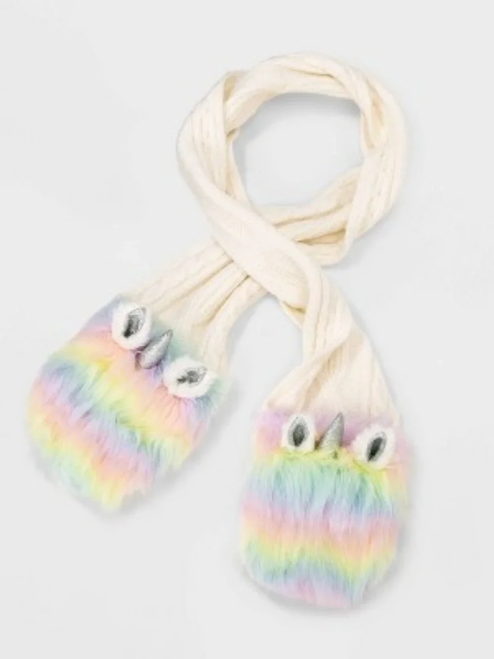 Kids Rainbow Faux-Fur Unicorn Hand Warmer Scarf And Fingerless Gloves
